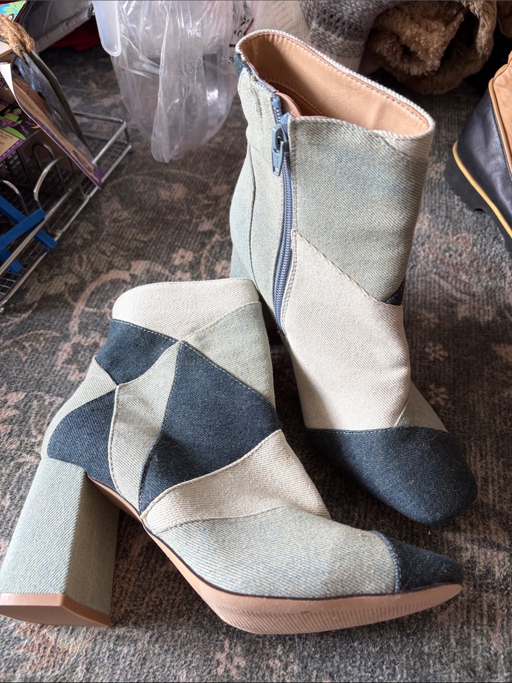 Patchwork Denim Block Heel Ankle Boots - Blue/Beige